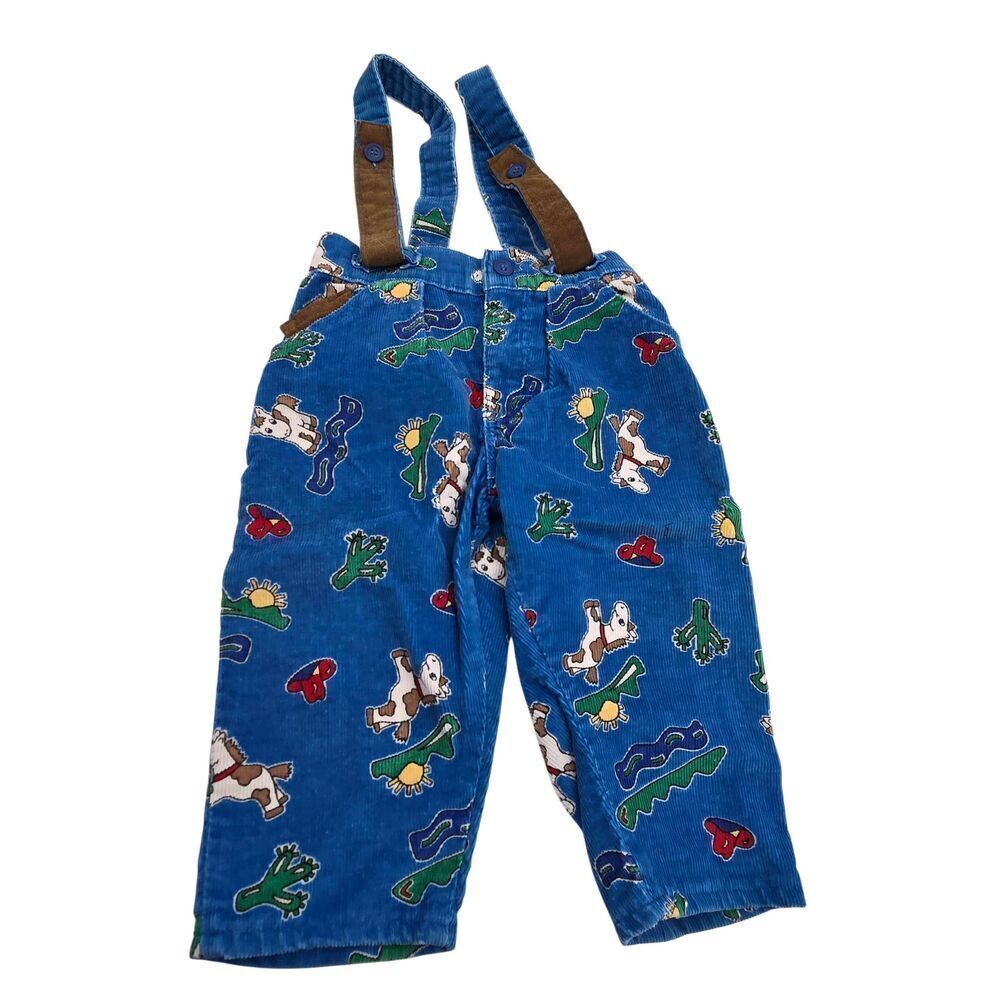 Vtg Oshkosh Corduroy Western Horse Suspender Pants Size 18 Months Overalls Blue